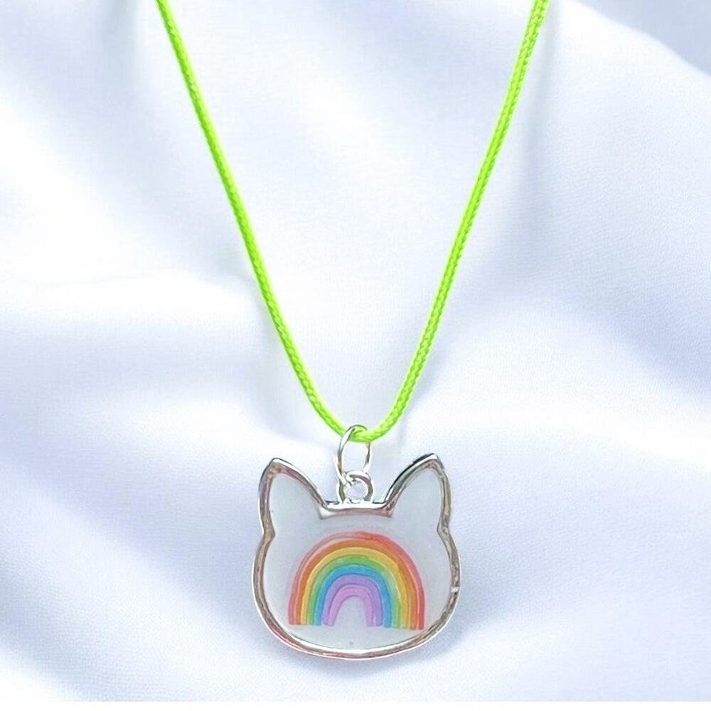 Rainbow & Cat Silver Outlined White Enameled Resin Pendant w/Satin Matching Cord